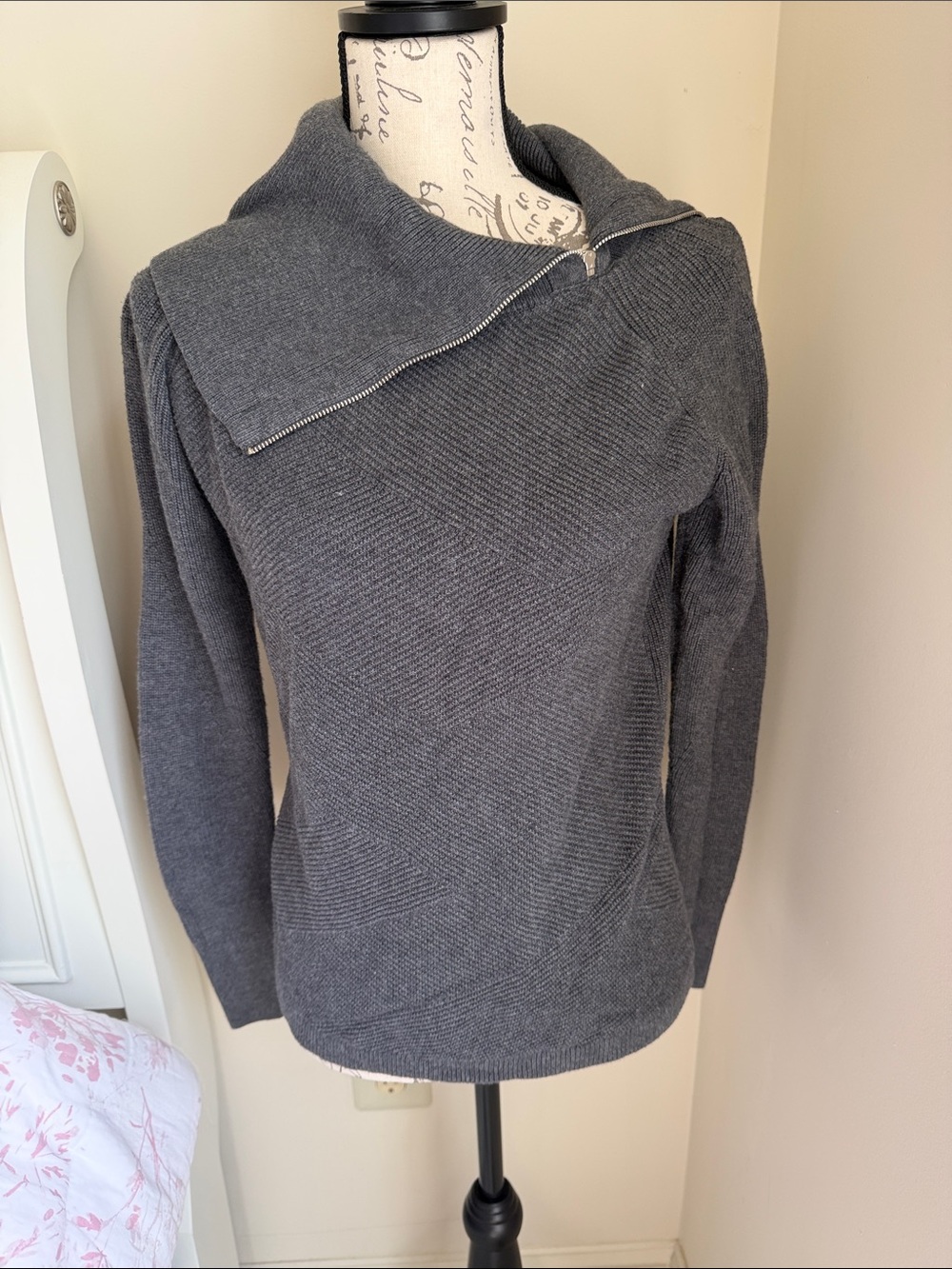 White House Black Market Charcoal Zip-Detail Asymmetrical Turtleneck Sweater